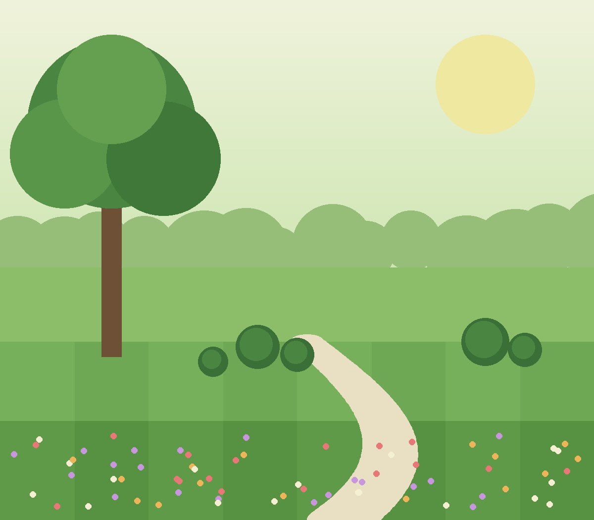 Illustrated garden with a green lawn, a tree, shrubs and a curved path